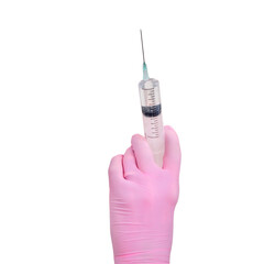 The doctor uses a syringe to inject, isolated on a white background. A nurse in uniform is...