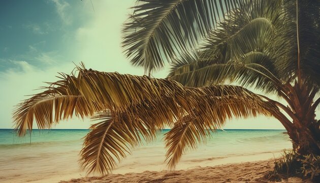 Vintage Beach Vibes: Lush Coconut Trees on a Summer Photography Background" Generative AI