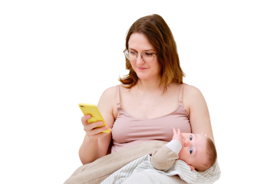 A woman mother breastfeeding infant baby with a phone in her hand, isolated on a white background. Mom problems with breastfeeding and finding a solution on the Internet. Kid aged six months
