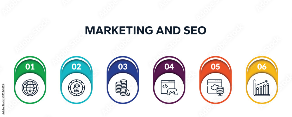 Aufkleber marketing and seo outline icons with infographic template. thin line icons such as big globe, round 