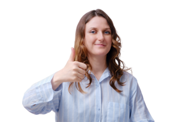 Portrait of an adult woman in a blue shirt, isolated on a white background