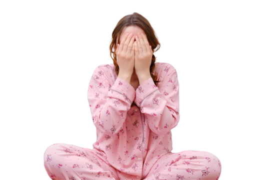 Portrait of an adult woman in red pajamas, isolated on a white background