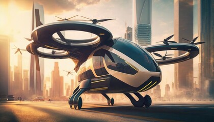 Passenger AAVs and the Future of Urban Air Mobility: A Futuristic Cityscape, AI Generative