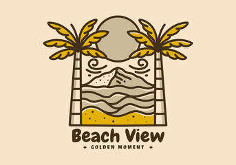 Beach view illustration line art design in vintage color