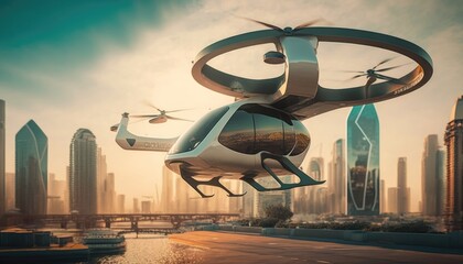 Passenger AAVs and the Future of Urban Air Mobility: A Futuristic Cityscape, AI Generative