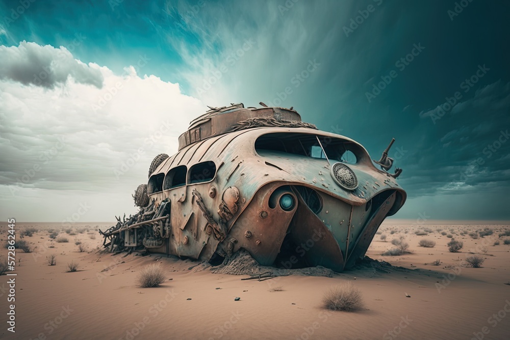 Poster photographic closeup of a car sitting in the middle of a parched landscape with clouds in the backgr