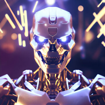 scary metal robot with sparks and bright lights behind, created with generative ai