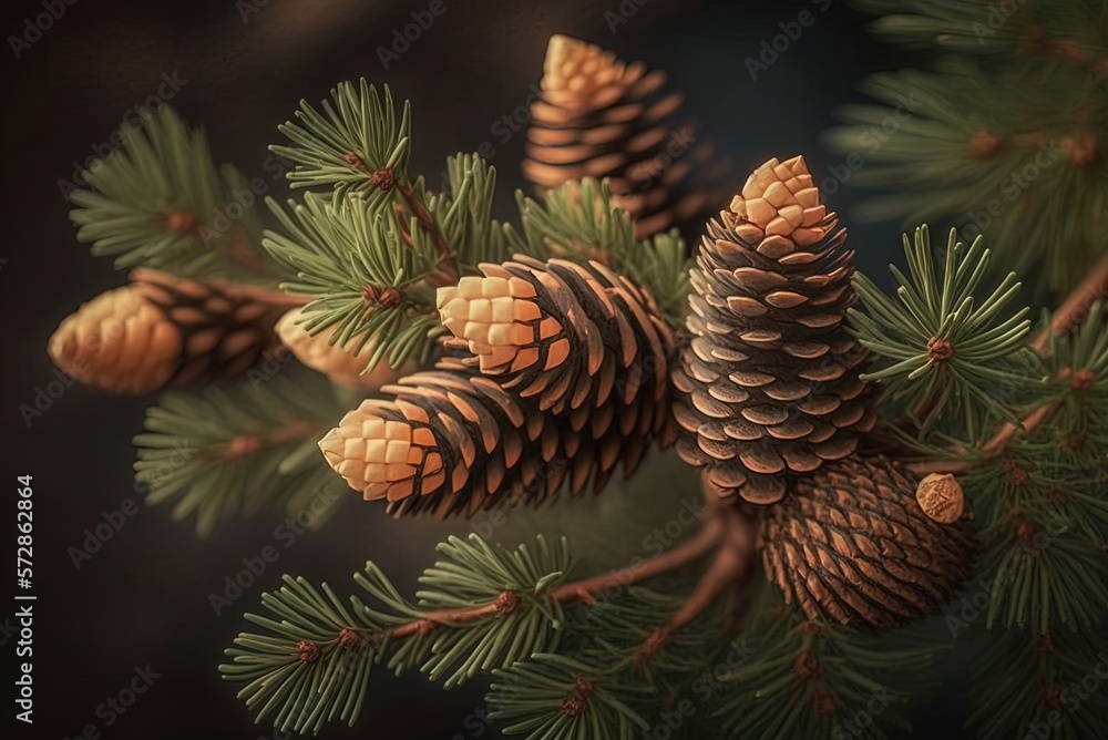 Poster a spruce tree with its cones up up and personal; this would make a great wallpaper. generative ai