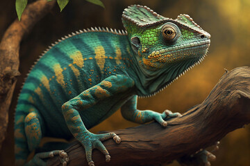 A realistic illustration of a close-up chameleon, symbolizing adaptability. AI generated.