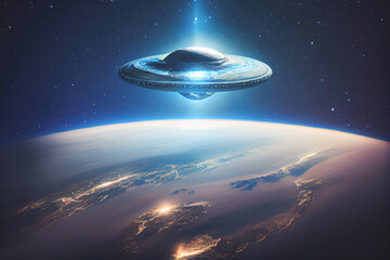 UFO flying over the Eart, illuminating the darkness as it hovers above the planet. 3D render illustration.
