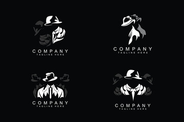Obraz premium Detective Man Logo Design, Mafia Detective Fashion Tuxedo And Hat Illustration Vector, BlackMan Businesman Icon