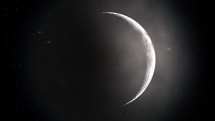 3d rendering  of crescent moon with star backgroud