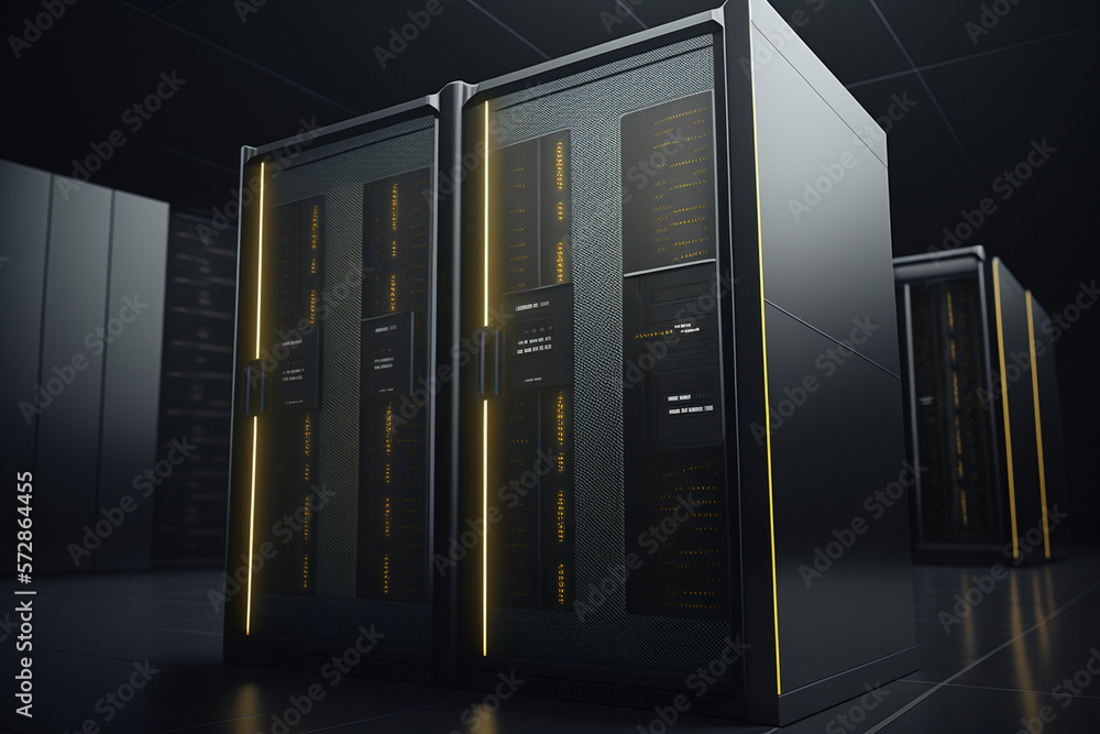 Poster computer in the data center. cloud computing service on a large server farm. cyber ​​security at nig