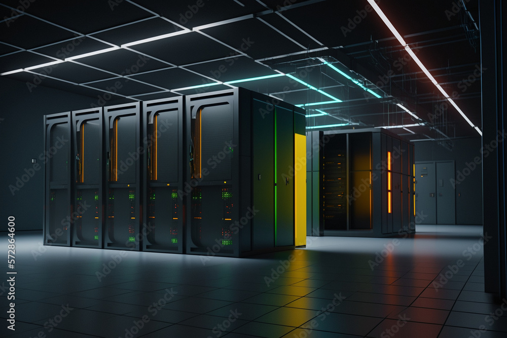 Poster computer in the data center. cloud computing service on a large server farm. cyber ​​security at nig