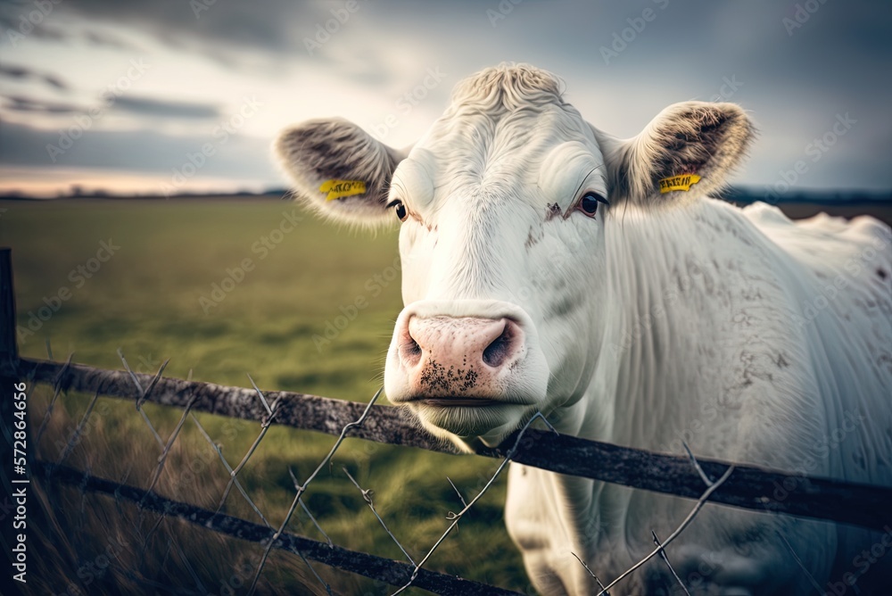 Poster an up-close look of a white cow grazing in a field enclosed by fences generative ai