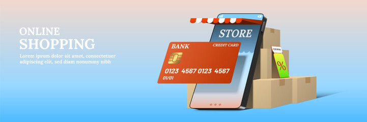 Online shopping smartphone store lean on parcel boxes with credit card and coupon