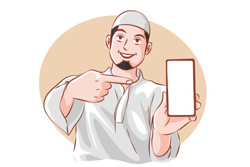 Cheerful Muslim Showing Blank Smartphone Against White Screen, Enjoying New Mobile Application . Mockup. Vector cartoon.