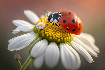 photo red ladybug on camomile flower, ladybird creeps on stem of plant in spring in garden in summer, photography made with Generative AI