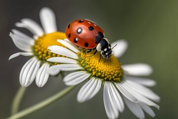 photo red ladybug on camomile flower, ladybird creeps on stem of plant in spring in garden in summer, photography made with Generative AI