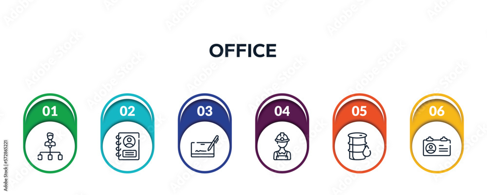 Aufkleber office outline icons with infographic template. thin line icons such as hierarchical structure, pers