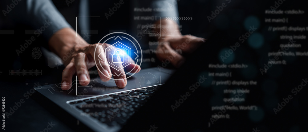 Poster Futuristic digital processing of biometric identification fingerprint scanner. concept of surveillance and security scanning of digital programs cyber futuristic applications.