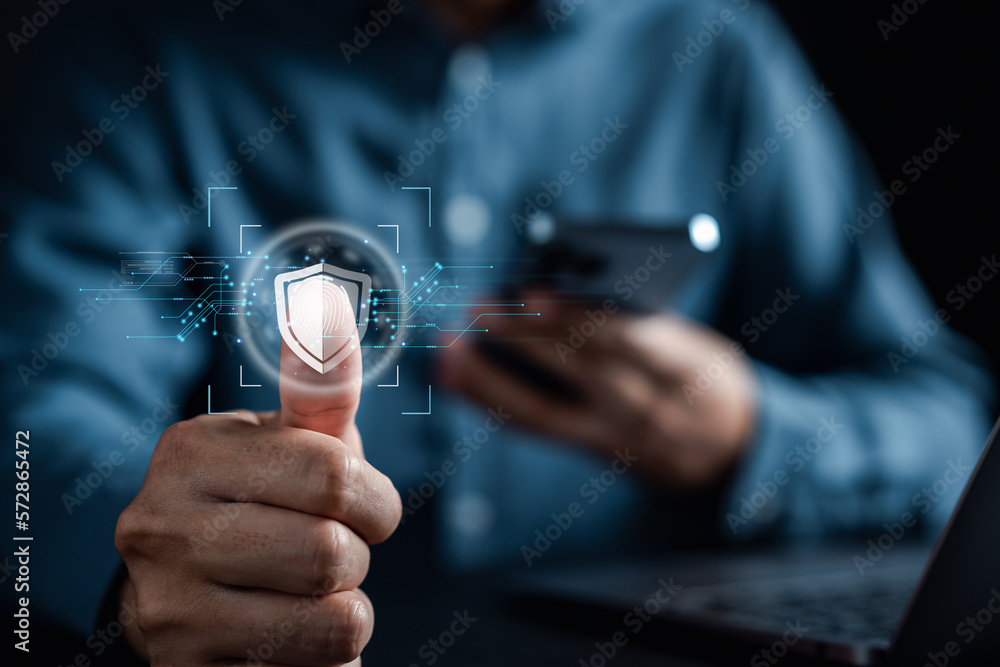 Poster Digital cyber protection scan processing of biometric identification fingerprint scanner security of surveillance and security scanning of digital programs cyber futuristic applications.