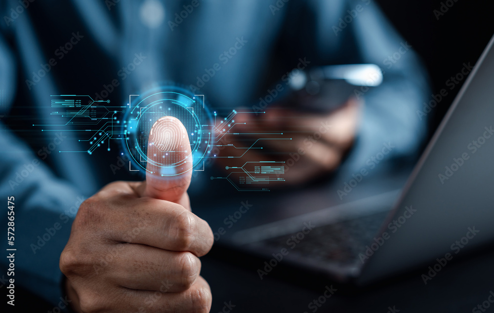 Fototapete Digital cyber protection scan processing of biometric identification fingerprint scanner security of surveillance and security scanning of digital programs cyber futuristic applications.