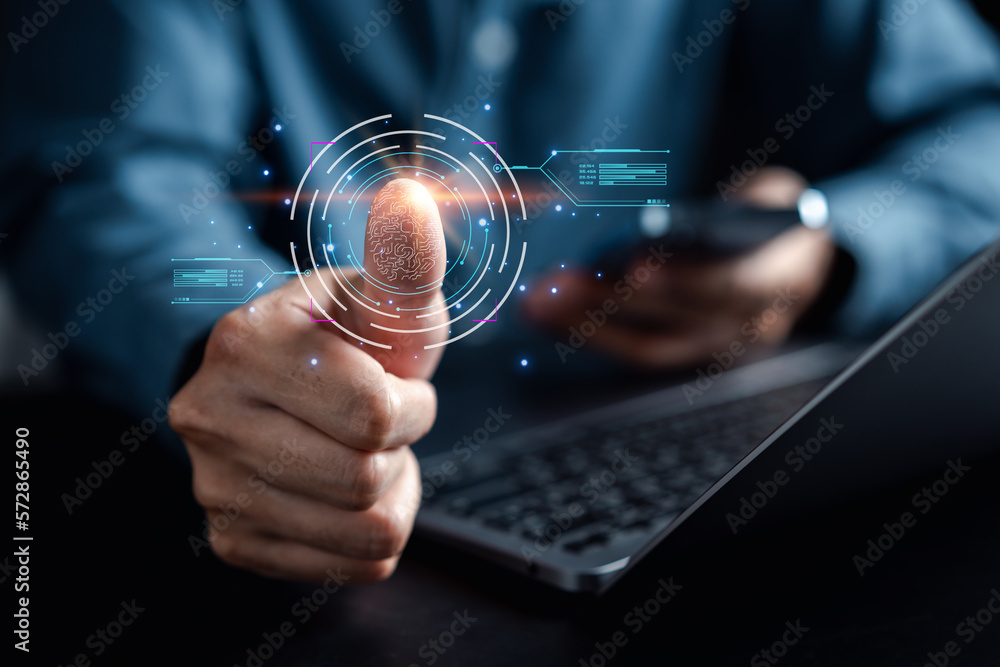 Aufkleber Digital cyber protection scan processing of biometric identification fingerprint scanner security of surveillance and security scanning of digital programs cyber futuristic applications.