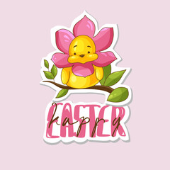 Easter greeting card with little chick bird, yellow baby chicken flower,