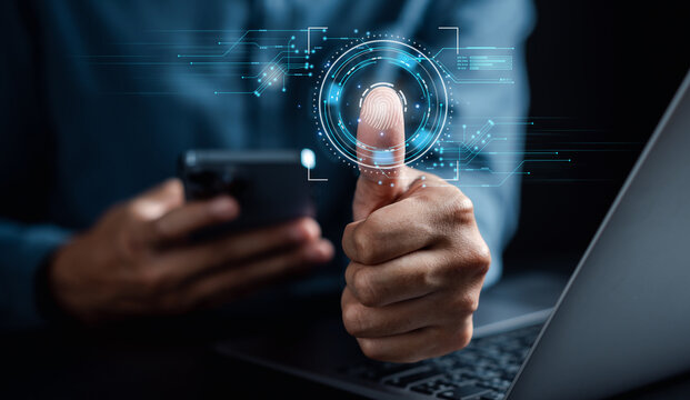 Digital cyber protection scan processing of biometric identification fingerprint scanner security of surveillance and security scanning of digital programs cyber futuristic applications.