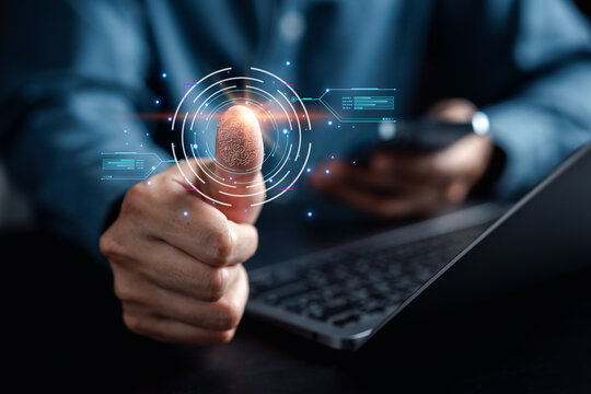 Digital cyber protection scan processing of biometric identification fingerprint scanner security of surveillance and security scanning of digital programs cyber futuristic applications.