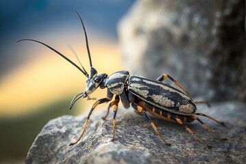 a closeup of a scuttling alpine longhorn beetle Generative AI - obrazy, fototapety, plakaty