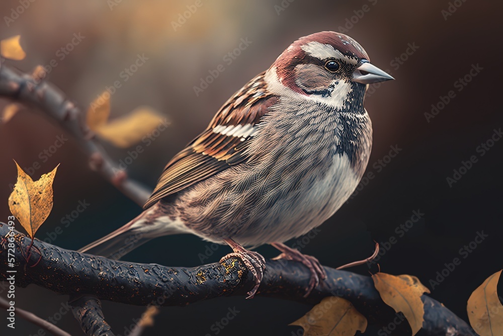 Poster an up-close look at a sparrow sitting on a branch generative ai