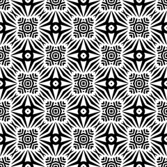 Vector geometric seamless pattern. Minimal ornamental background with abstract shapes. Black and white texture. Simple abstract ornament background. Dark repeat design for decor, fabric, cloth.