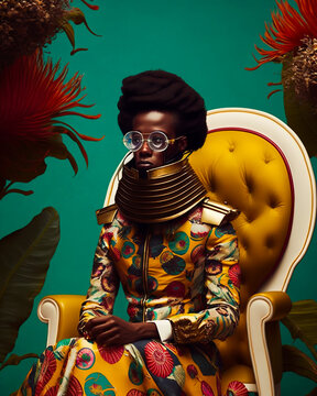 Colorful portrait of a fashion style Curly Girl wearing Glasses and mask
