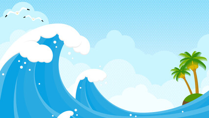 大波と南の島、カモメ、青空の風景（横向き16:9）