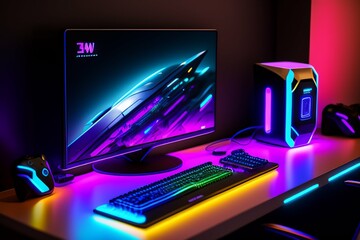 A gamer Gaming set up Cyberpunk , neon , futuristic , incredible quality 8k - Generative AI