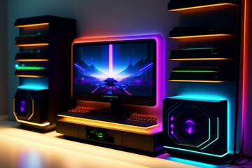 A gamer Gaming set up Cyberpunk , neon , futuristic , incredible quality 8k - Generative AI