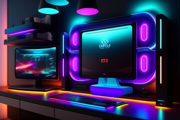 A gamer Gaming set up Cyberpunk , neon , futuristic , incredible quality 8k - Generative AI