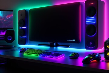 A gamer Gaming set up Cyberpunk , neon , futuristic , incredible quality 8k - Generative AI