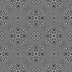 Vector geometric seamless pattern. Monochrome ornamental texture with smooth linear shapes, zigzag lines, lace pattern. Simple abstract ornament background. Dark repeat design for decor, fabric, cloth