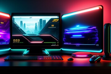 A gamer Gaming set up Cyberpunk , neon , futuristic , incredible quality 8k - Generative AI
