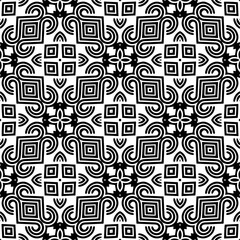 Vector geometric seamless pattern. Monochrome ornamental texture with smooth linear shapes, zigzag lines, lace pattern. Simple abstract ornament background. Dark repeat design for decor, fabric, cloth