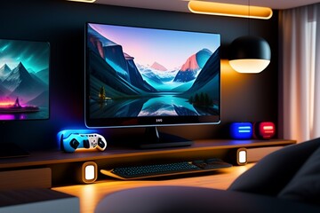 A gamer Gaming set up Cyberpunk , neon , futuristic , incredible quality 8k - Generative AI