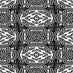 Vector geometric seamless pattern. Monochrome ornamental texture with smooth linear shapes, zigzag lines, lace pattern. Simple abstract ornament background. Dark repeat design for decor, fabric, cloth