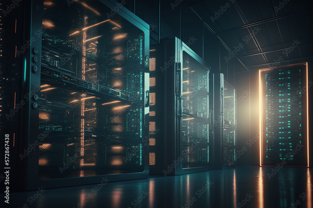 Poster computer in the data center. cloud computing service on a large server farm. cyber ​​security at nig