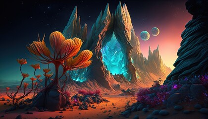 Fototapeta na wymiar an otherworldly planet with bizarre and exotic flora and fauna generative ai