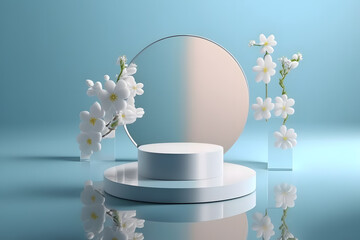 White product display podium with water reflection and blossom flowers on blue background. 3D rendering made with Generative AI