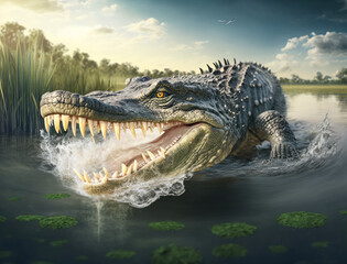 Alligators inside the river to hunt  enjoy nature, bright sky, day hunt, Safe Atmosphere, HQ landscape, photorealistic, ultra photoreal, ultra-detailed, cinematic lighting, blur, 4K, Animal Wallpaper,