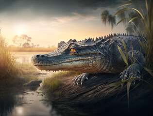 Obraz premium alligator in the everglades enjoys nature, bright sky, day hunt, Safe Atmosphere, HQ landscape, photorealistic, ultra photoreal, ultra-detailed, cinematic lighting, blur, 4K, Animal Wallpaper, AI